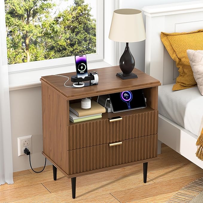 Modern Nightstand with Charging Station, 2-Drawer Fluted Wood Bedside Table with USB, Type-C & AC Outlets, Metal Legs, Perfect for Your Bedroom (Walnut, 23.3)
