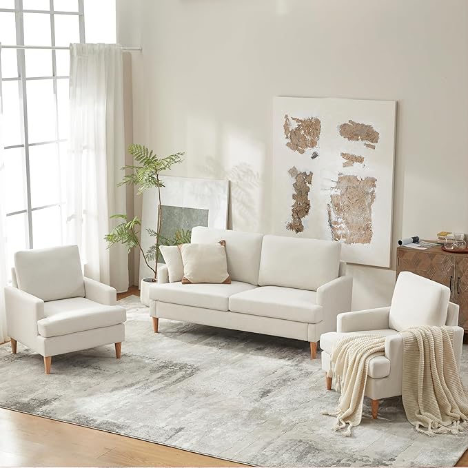 VKNOW Mid-Century Accent Chair, No Tools Assembly Required, Modern Upholstered Polyester Armchair for Living Room,Comfy Reading Accent Chairs with Wood Legs for Bedroom, Beige