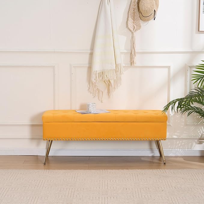 Velvet Storage Bench with Gold Legs& Nailhead Trim, 46" Wide Upholstered Modern Bedroom Bench for End of Bed, Tufted Ottoman for Entryway Living Room Dining Room (Mustard Yellow, 46" Wide)