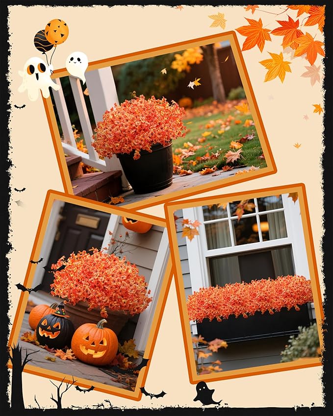 Artificial Fall Flowers Faux Mums for Outdoor Planters,Orange Red 16 Bundles Silk Fake Plants UV Resistant for Outside,Autumn Decorations for Porch,Pot,Window Boxes,Front Yard,Thanksgiving Home Decor
