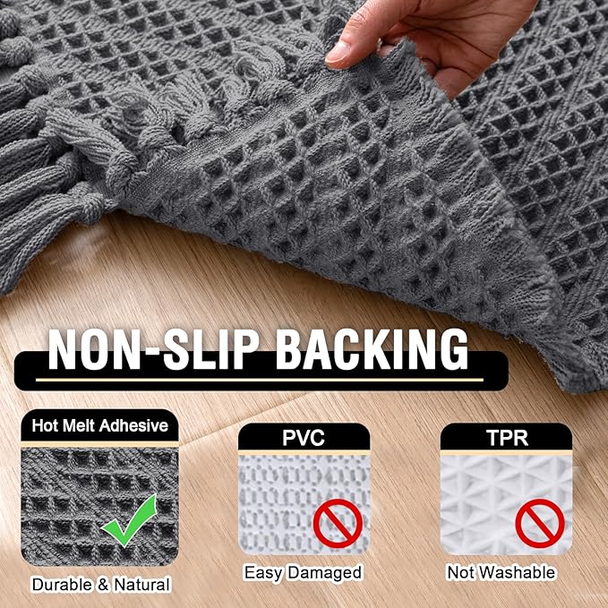 H.VERSAILTEX Waffle Bath Runner Rug Long Bath Mat Super Absorbent Boho Bath Rugs Non Slip Bath Runner for Bathroom Floor Machine Washable Dry Fast Bathroom Rugs with Tassels, 24" x 60", Gray