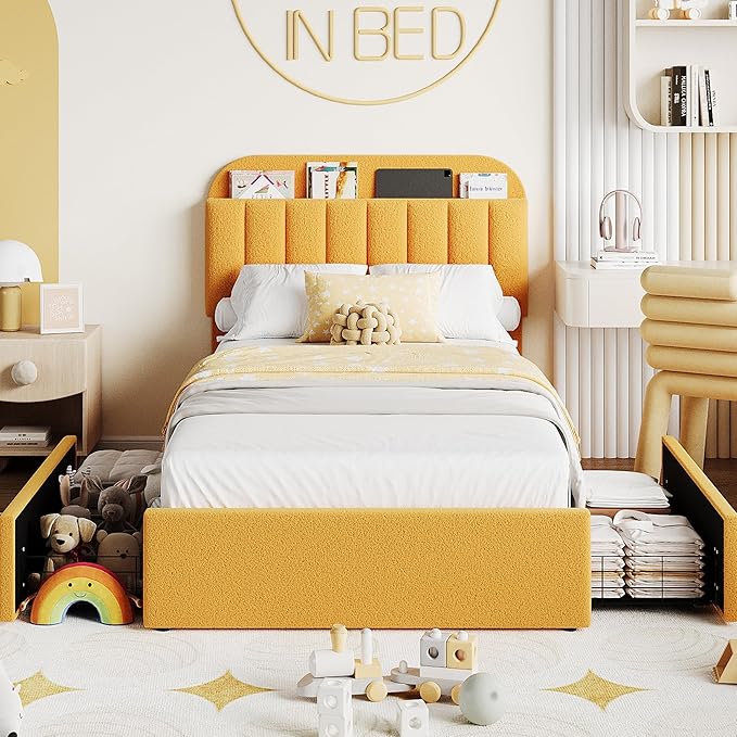 Jojoka Twin Bed Frame with Storage Headboard and 2 Drawers, Boucle Upholstered Platform Bed, Modern Girls Bed Frames for Rooms, No Box Spring Needed, Easy Assembly (Yellow, Twin)