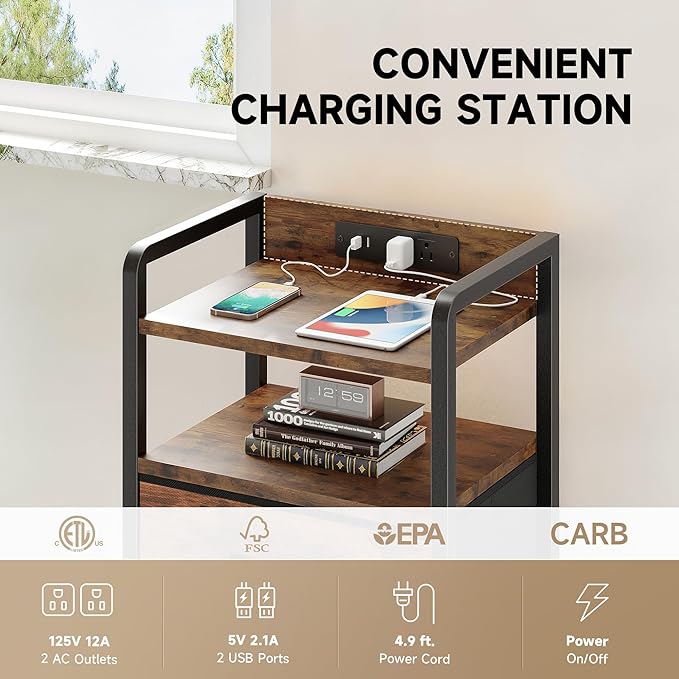 Night Stand Bedside Table Bedroom - Nightstand with Charging Station, Night Stand with LED Light Strip, End Table with U-S-B Ports & AC Outlets, Storage Shelf & 2 Fabric Drawers, Rustic Brown