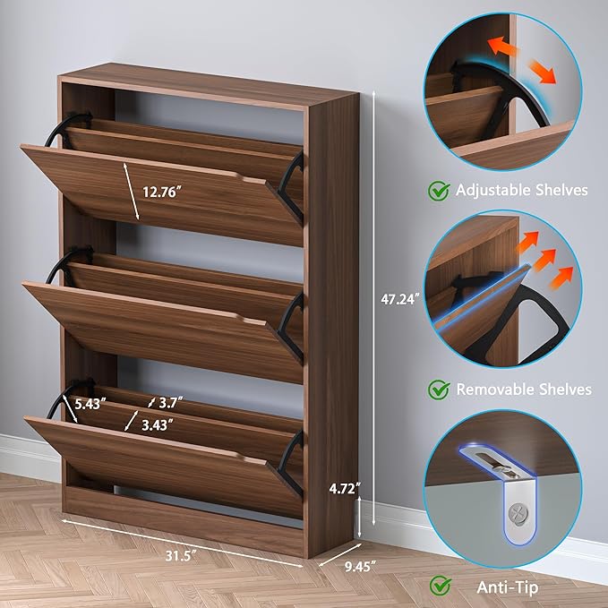 Shoe Cabinet with 3 Flip Drawers, Slim Narrow Shoe Storage Cabinet, Freestanding Shoe Organizer with Adjustable & Removable Shelves, Top Display Shelf for Entryway, Hallway, Foyer, Closet