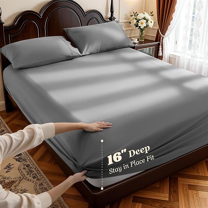 LBRO2M 1000 Thread Count 100% Cotton Sheets Set,California King Size Bed Sheet 4 Piece Sets,Long Staple,16 Inches Deep Pocket,All Season,Bedding Super Soft Comforterble Breathable(Dark Grey)