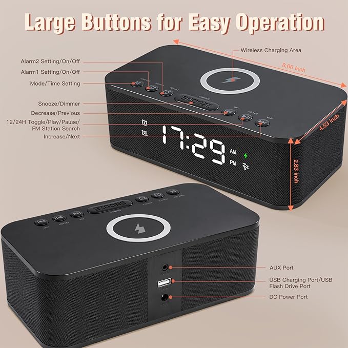 Dual Alarm Clock Radio Bedroom, Digital Alarm Clocks Bedrooms Bluetooth, Up to 10 Bedroom Alarms Clock White Noise 23 Soothing Sounds App/Button Control Snooze 12/24H FM Speaker Charging, Black