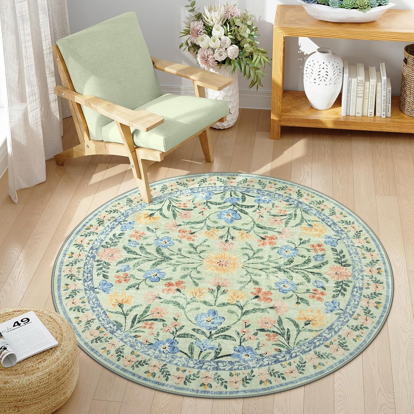 Wonnitar Washable Round Area Rug, 5ft Green Floral Round Rug Boho Soft Circle Carpet, Non Slip Low Pile Circle Accent Carpets for Kitchen Living Room Entryway Bedroom