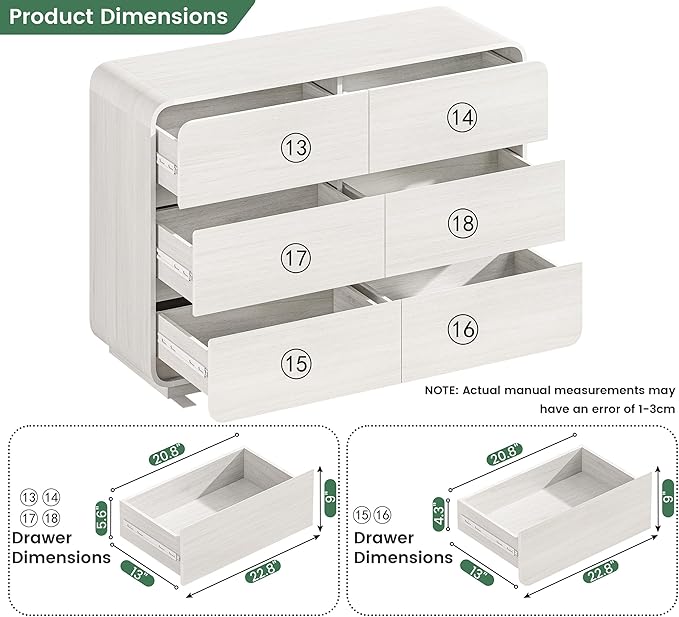 6 Drawer Dresser for Bedroom, 47" Wide Dresser with Large Storage, Rustic Wooden Chest of Drawers for Bedroom, Hallway, White