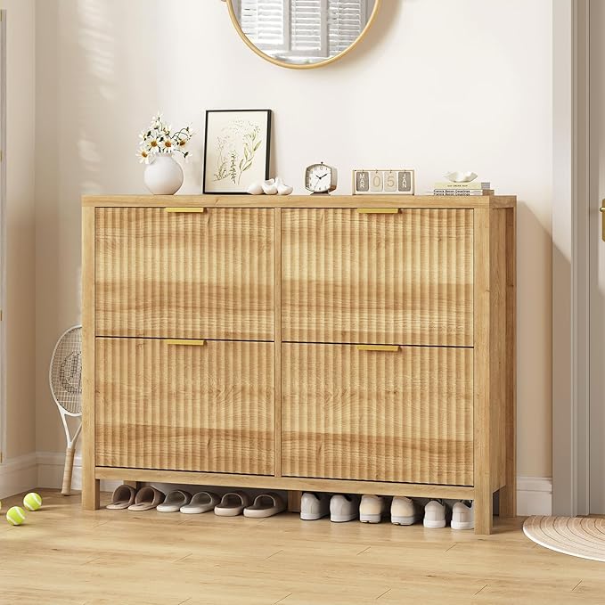 Shoe Cabinet Storage for Entryway, Fluted Shoe Cabinet with 4 Flip Drawers, Hidden Shoe Rack Freestanding Wooden Shoe Organizer with Legs for Hallway, Oak