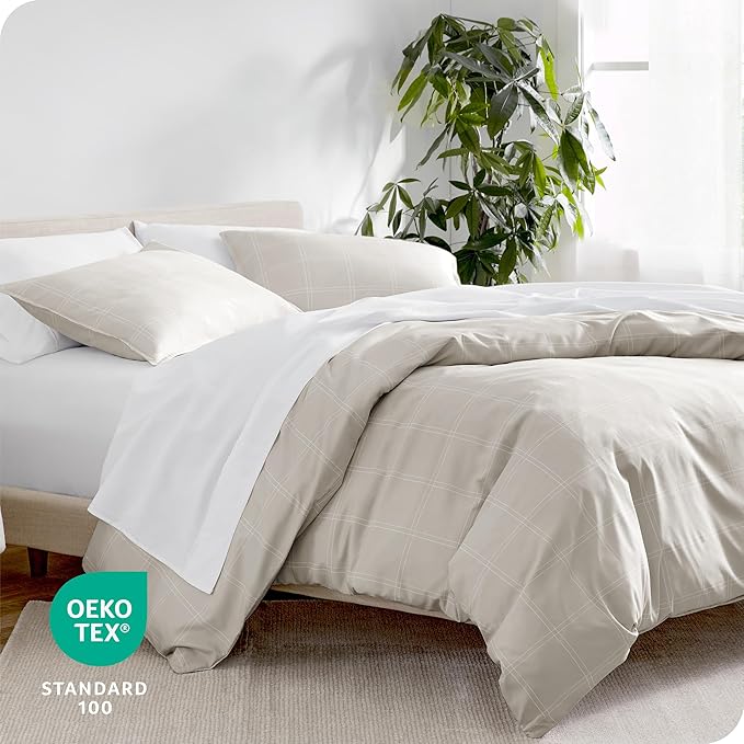 Bare Home Bedding Duvet Cover King Size - Premium 1800 Super Soft Collection - Lightweight, Cooling - Soft Breathable Bedding Duvet Cover (King, Modern Plaid - Stone/White)