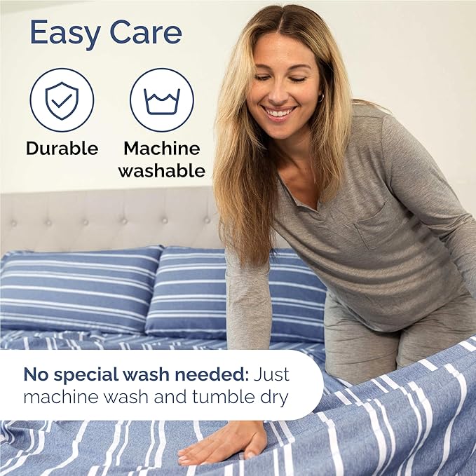 Twin XL 4 Piece Sheet Set - Cooling, Comfy & Breathable - Hotel Luxury Bedding Includes Fitted Sheet for Women, Men, Kids & Teens - 1 Flat, 1 Fitted Sheet, 2 Pillowcases w/Deep Pockets - Blue Stripes