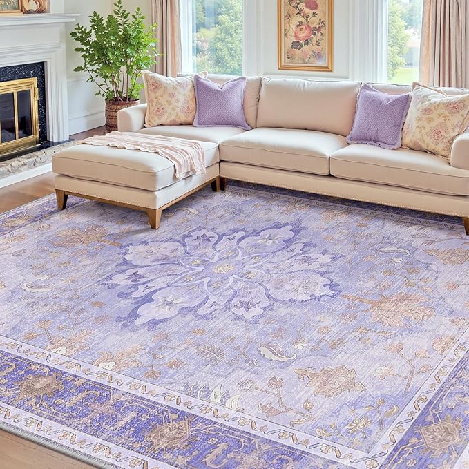 Area Rugs 8'x10' Washable Non-Slip, Floral Vintage Distress Print Pattern Medallion Carpet for Living Room Bedroom Dining Room, Light Purple Brown