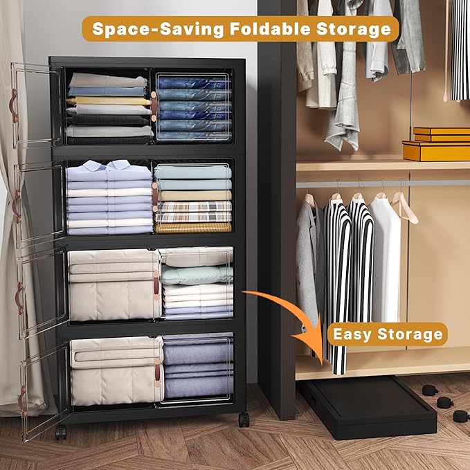 Extra Large Stackable Storage Bins with Lids & Wheels & Door, 896QT-112QT/28GAL*8Pack Foldable Collapsible Closet Organizers, Plastic containers drawers for bedroom Dorm