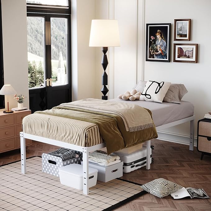 18 Inch White Twin Bed Frame Heavy Duty No Box Spring Needed Metal Platform with Maximum Storage, Easy Assembly, Noise Free