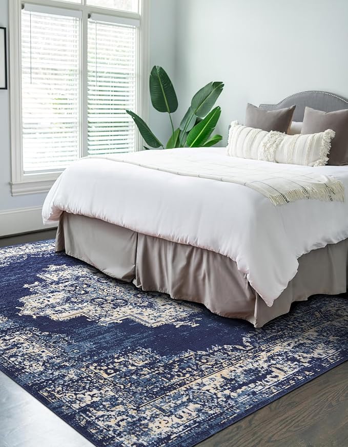 vivorug 3x5 Rug, Small Area Rug for Living Room, Bedroom, Kitchen, Machine Washable Non-Slip Throw Rug, Vintage Carpet for Entryway Nursery Coffee Table - Durable (Navy Blue)