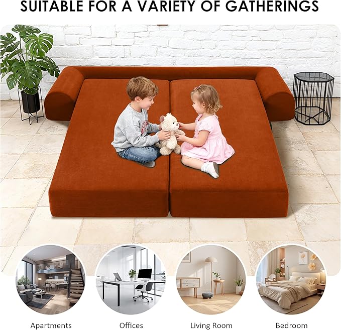 80" Convertible Sofa Bed, Corduroy Deep Seat Folding Pull Out Couch with Pillows, No Assembly Modern Boneless Couch Compression Sofa in Box, Floor Sofa with Storage Pocket for Living Room, Orange