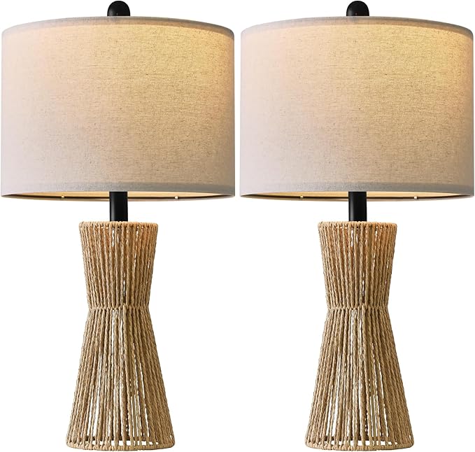 OYEARS 22.5" Table Lamps for Living Room,Boho Lamps Set of 2 for Bedrooms, Bedside Lamp for Nightstands, Rattan Lamp, Farmhouse Table Lamp for Room Decor, End Table, Retro, Brown（Not Include Bulbs）