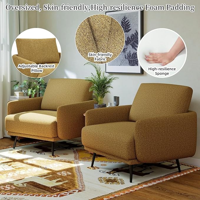 Oversized Accent Chair for Living Room Cozy Reading Chairs Mid-Century Modern Accent Chairs Armchair with Metal Legs Single Sofa Chair for Home Office (Set-of-2, Polyester Fabric- Pumpkin Orange)