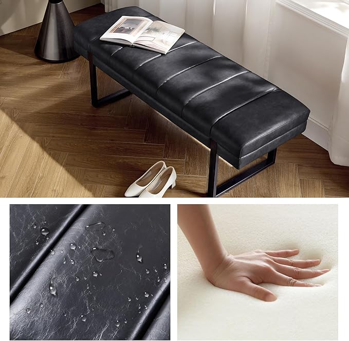 HULALA HOME 53" Faux Leather Entryway Bench, Button Tufted End of Bed Bench Ottoman for Bedroom, Living Room with Metal Base,Black
