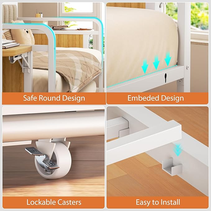 Daybed with Trundle, Twin Trundle Bed Frame - Metal Day Bed with LED Lights, Upholstered Storage Headboard & Charging Station, Pop Up Sleeper, Modern Design for Living Room and Guest Room-White