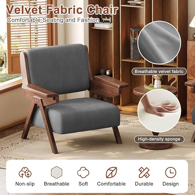 Mid Century Modern Accent Chair, Fabric Upholstered Lounge Arm Chair with Solid Wood Frame for Living Room, Bedroom, Office, Reading Corner (Gray, Single Chair)