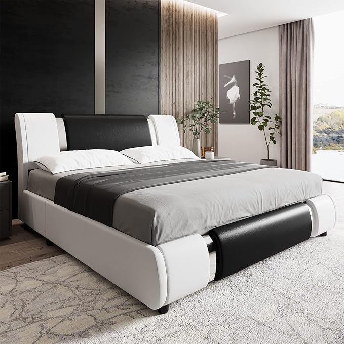 TTVIEW Modern Faux Leather Upholstered Platform Bed Frame with Iron Metal Decor, Adjustable Curved Headboard, Wooden Slats Support, No Box Spring Needed, Queen Size, Blackwhite