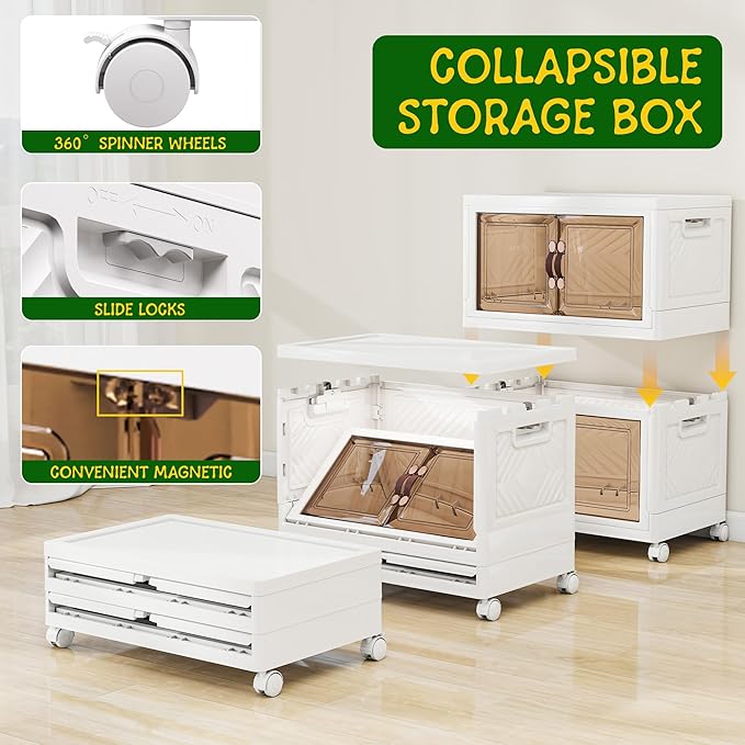 Storage Bins with Lids and Wheels, 220QT-110QT*2Tier Collapsible Bathroom Storage Cabinet with Clear Doors, Plastic Stackable Closet Organizers and Containers White