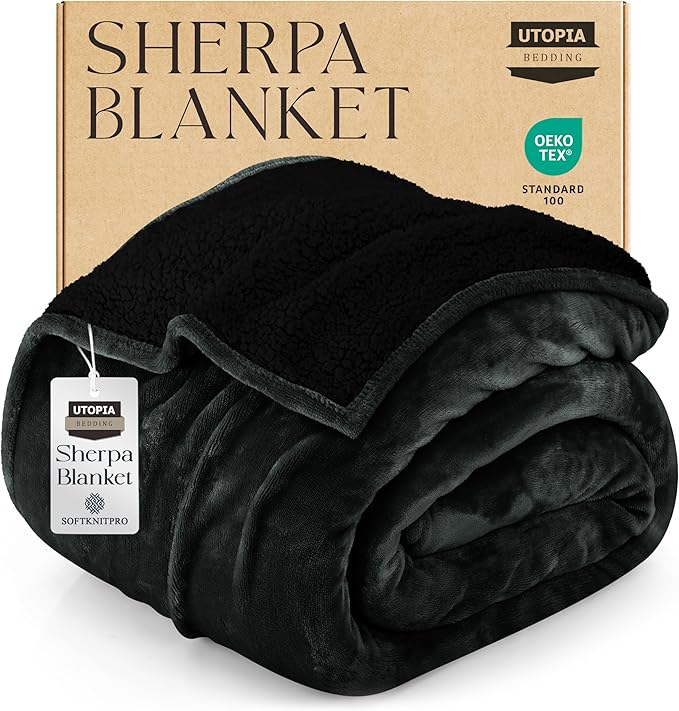 Utopia Bedding Sherpa Blanket Twin Size (Black, 60x80 Inches) - Soft Lightweight Plush Fleece Reversible Winter Blanket for Bed, Sofa, Couch, Camping and Travel