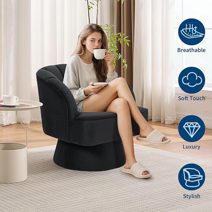GarveeHome Modern Swivel Barrel Accent Chair, 360 Degree Velvet Upholstered Armchair with Striped Backrest & Plush Padding, Comfy Round Lounge Chair for Living Room, Bedroom, Reading Nook, Black 2 PCS
