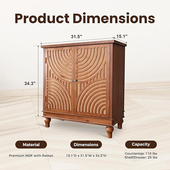 PHI VILLA Accent Cabinet with Door, Small Buffet Sideboard Cabinet with Rattan Door, 2 Door Storage Cabinets