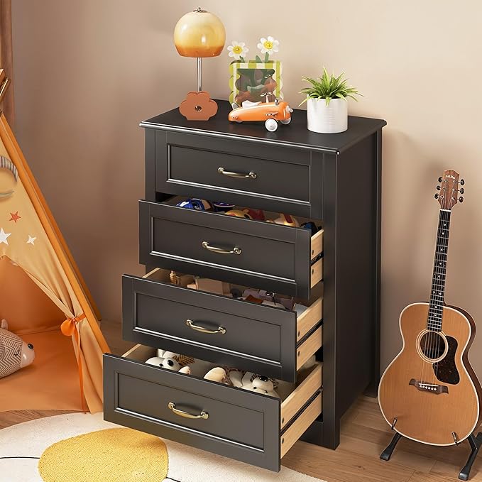 Gizoon Dresser for Bedroom with 4 Drawers Wooden Chest of Drawers for Closet Dresser Storage Unit Organizer for Hallway Living Room and Office, Black