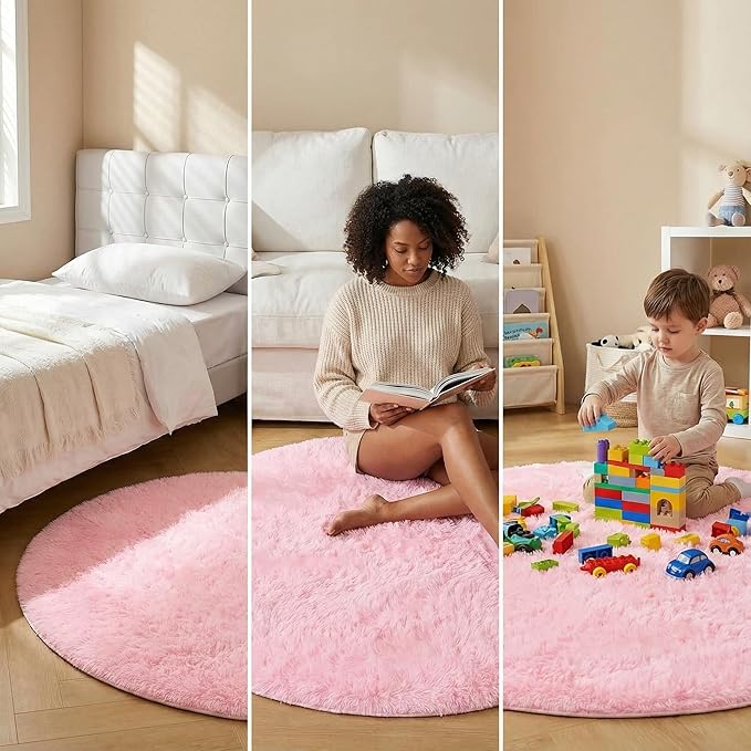duduta Pink Fluffy Round Rug 4x4 ft, Shag Fuzzy Plush Circle Throw Rug for Nursery Bedroom Living Room Home Decor