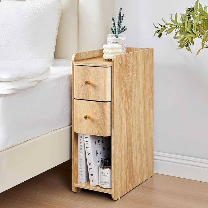 Small Nightstand Set of 2, Wood 2 Drawer Narrow Nightstand, Slim Side Table, Modern Skinny End Bedside Table, Natural Wood Night Stand with Drawers for Bedroom (Natural-2 pcs)