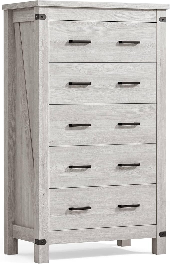 LINSY HOME Farmhouse 5 Drawer Dresser for Bedroom, 46” Tall Rustic Wood Chest with Deep Drawers, Modern Dressers with Spacious Storage and Metal Handles for Closet, Living Room, Hallway, Wash Grey