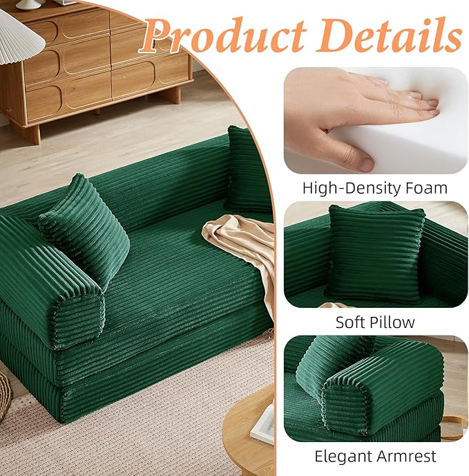 Convertible Futon Sofa Bed, Fold Out Floor Sofa Couch with Sleeper Sofa,Folding Boneless Couches with Deep Seat,Cloud Corduroy Foldable Mattress Couch for Living Room (Green)