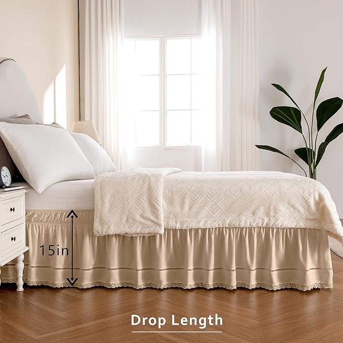 MIYE Wrap Around Ruffled Lace Bed Skirt, Elastic Dust Ruffle with Adjustable Belts, Easy to Put On, Bed Frame Cover, Machine Washable (Floral Lace/Beige, Full/Twin-15 Drop)