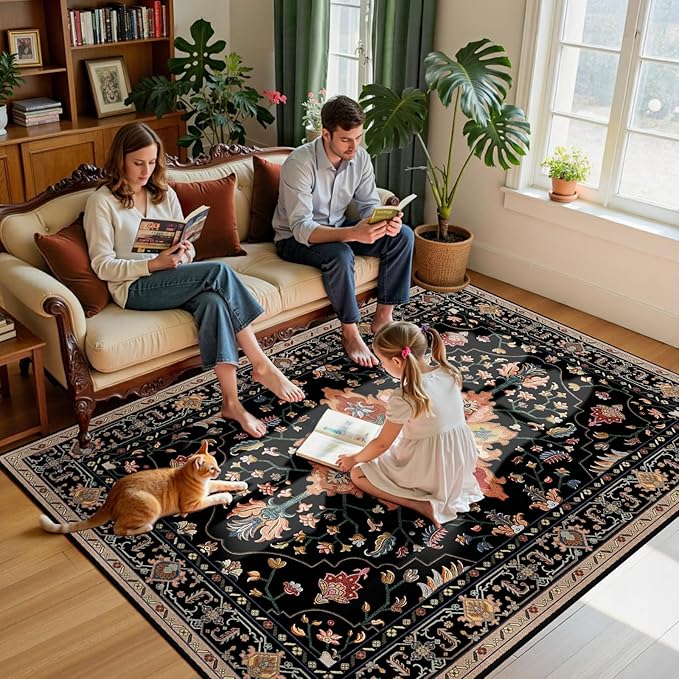 Area Rugs 6'x9' Washable Non-Slip, Floral Vintage Distress Print Pattern Medallion Carpet for Living Room Bedroom Dining Room, Black Colorful Floral Dark Tan
