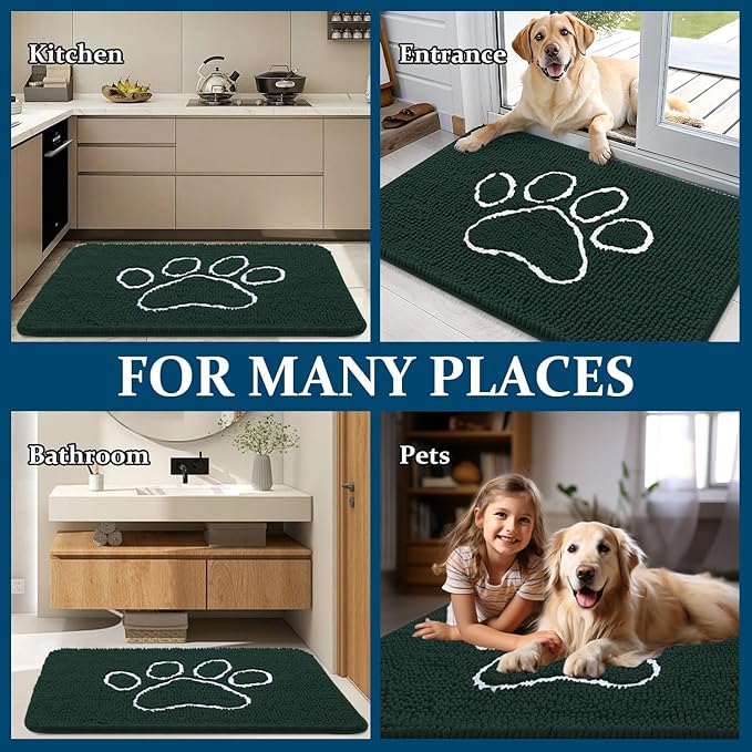 OLANLY Dog Door Mat for Muddy Paws 70x24, Paw Print Design, Absorbs Moisture and Dirt, Absorbent Non-Slip Washable Doormat, Quick Dry Chenille Mud Mat, Entry Indoor Entryway Carpet, Blackish Green
