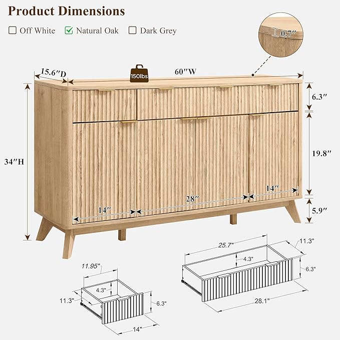 OKD Fluted Storage Cabinet with Drawers, 60" Morden Buffet Sideboard Coffee Bar Cabinet with 4 Doors and 3 Drawers for Dining Room, Living Room,Hallway (Natural Oak)
