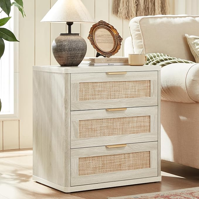LEYAOYAO Rattan Dresser and Nightstand Sets 3, Boho Wood Dresser for Bedroom with 6 Drawers and Night Stand with 3 Drawer, Bedroom Furniture, Dressers & Chests of Drawers, Living Room, Hallway