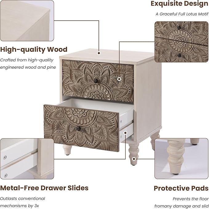 COSIEST Vintage Nightstand, 18" Wide Wood Small Bed Side Table with 2 Drawers, Accent Bedside Table, Bedroom Furniture for Home, Office (Lotus Pattern)