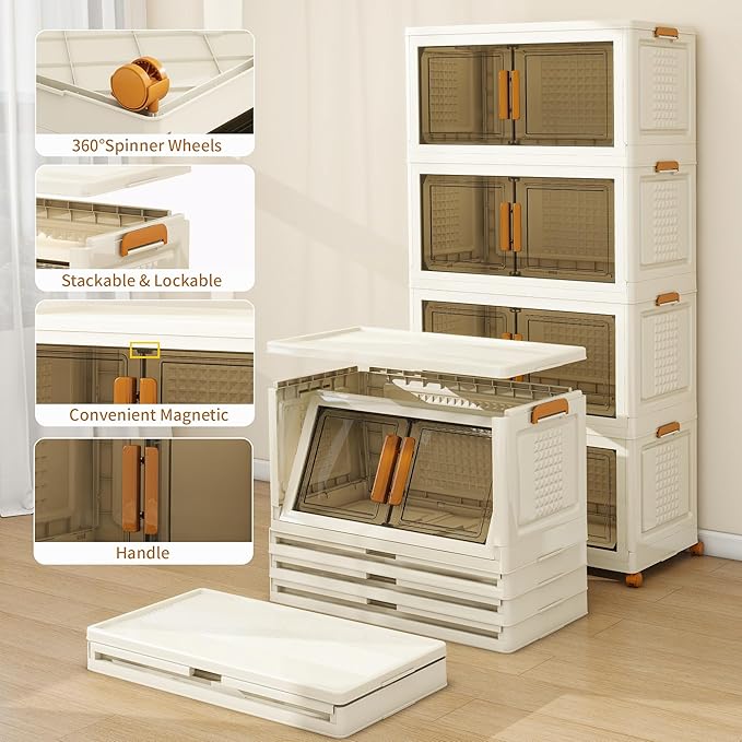 Plastic Stackable Storage Bins with Lids and Wheels, 180QT-45QT*4Tier Foldable Closet Organizers and Containers, Collapsible Clear Drawer Storage Cabinet with Doors Ivory White