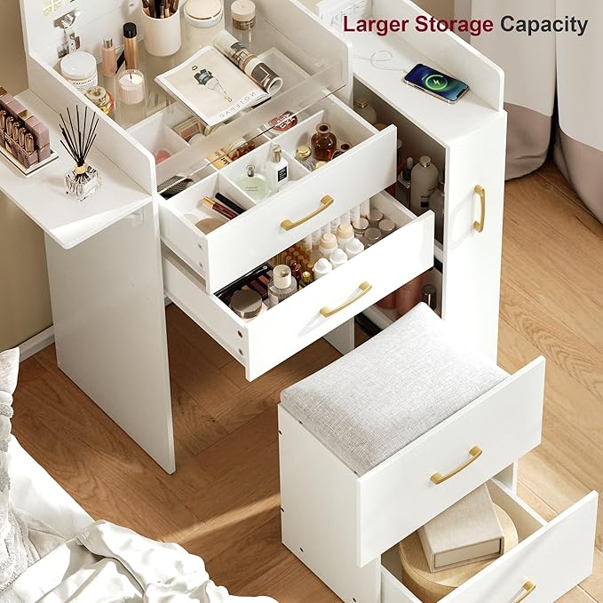 Small Vanity Desk,Compact Vanity Set with Power Outlet,3 in 1 Makeup Vanity with Lights with 3 Modes Lighting,Plip Mirror,Sliding Cabinet,Storage Stool,Dressing Table,White Vanity PT01DTM