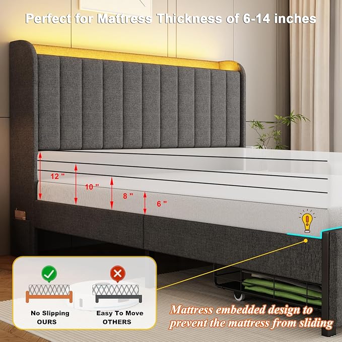 Queen Size Bed Frames with Storage Headboard and 2 Drawers, Upholstered Platform Bed Frame Queen with Led Lights and Handy Charging Station, No Box Spring Needed, Easy Assembly, Noise Free, Gray