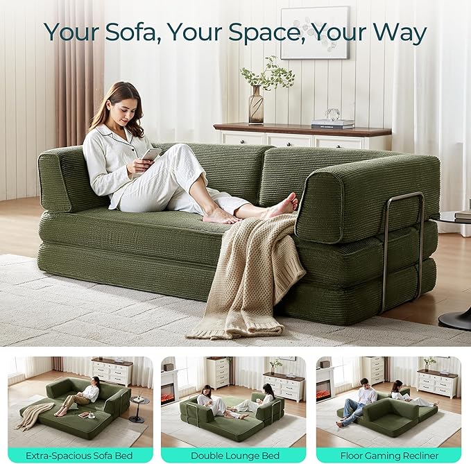 LINSY HOME 79'' Convertible Sofa Bed - Boneless Compression Sofa Folding Loveseat Sleeper - Foldable Corduroy Couch Bed for Living Room Bedroom - Modular Sectional Compressed Sofa in Box, Green