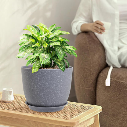 10/9/8 inch Plant Pots, Set of 3 Modern Decorative Plastic Planters with Drainage Holes and Saucers for Garden House Plants, Flower Pots for Indoor Outdoor Plants, Speckled Grey