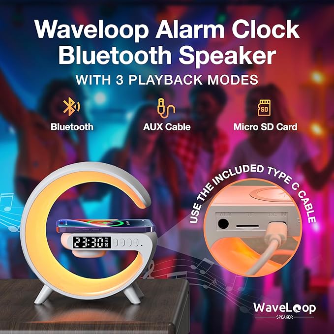 Waveloop Speaker Alarm Clocks for Bedrooms with Wireless Charging and G Bluetooth Speaker, Sunrise Wake Up Light RGB Night Lamp, 4-Button Bedside Alarm Clock for Bedroom Time Display, USB-C