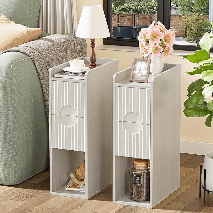 Narrow Nightstand Set of 2, Wood 2 Drawer Narrow Nightstand, Skinny Night Stand with Open Storage, Mid Century Modern Slim Bedside Table for Bedroom, White Oak
