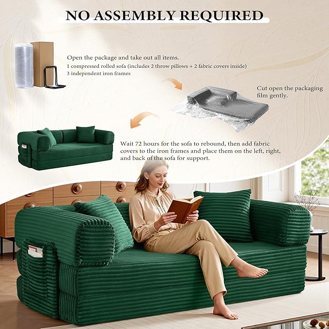 Boneless Couch Folding Couches for Living Room Sofa, Futon Sofa Bed with Sleeper Sofa, Futon Couch with Fixed-Shape Oversized Corduroy Upholstered (Green, 81 Inches)