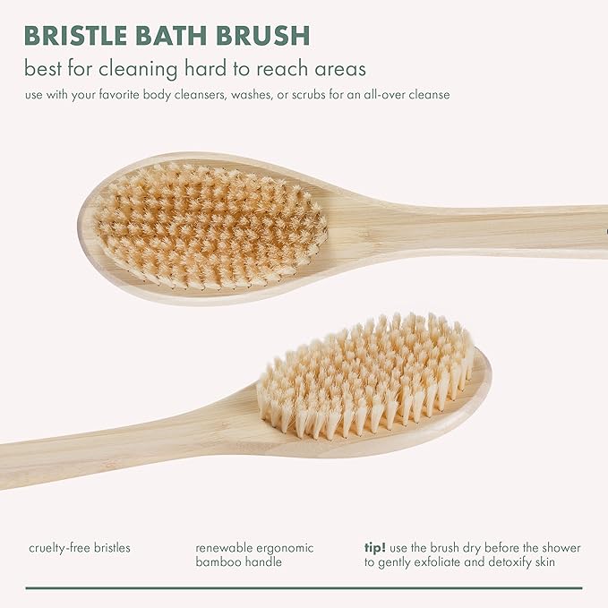 EcoTools Bristle Bath Brush, Shower Body Brush with Gentle, Stiff Bristles, Long Bamboo Handle, Gently Exfoliating for Back & Body, Stimulates Blood Circulation, Eco-Friendly, 1 Count (Pack of 2)